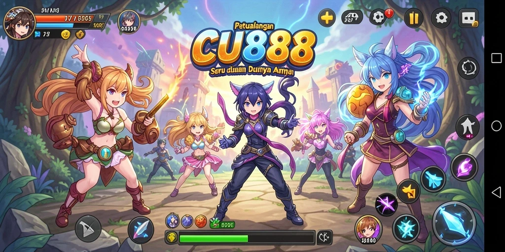 Tampilan gameplay seru dengan karakter anime yang ikonik.
