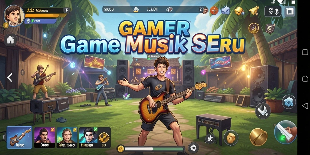 Screenshot utama GAMERP menunjukkan gameplay yang seru dengan musik yang menggetarkan.