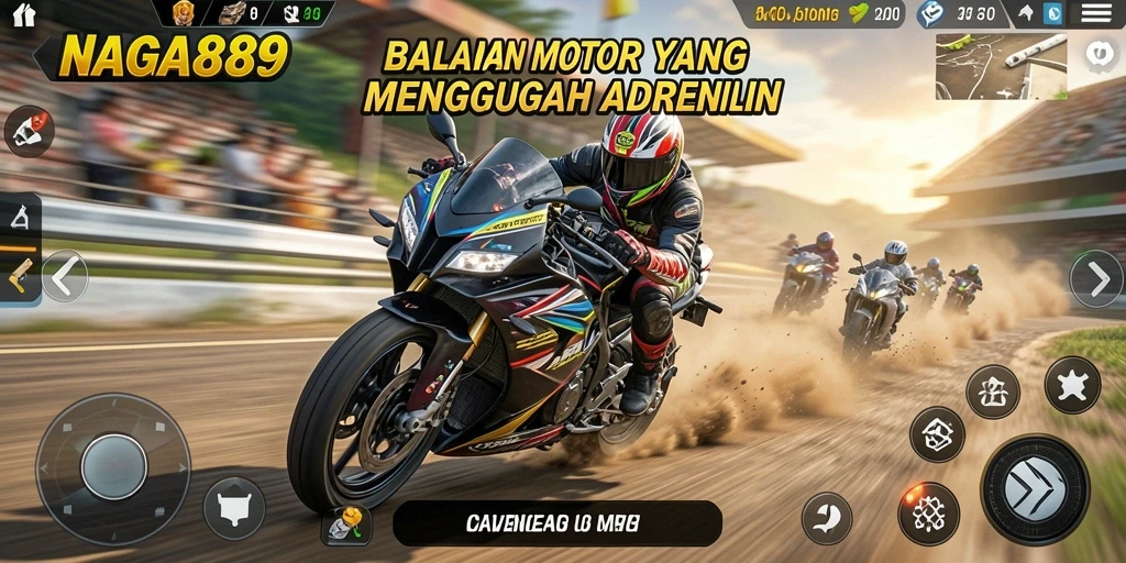 Screenshot utama gameplay NAGA889 menampilkan aksi balap motor yang seru.